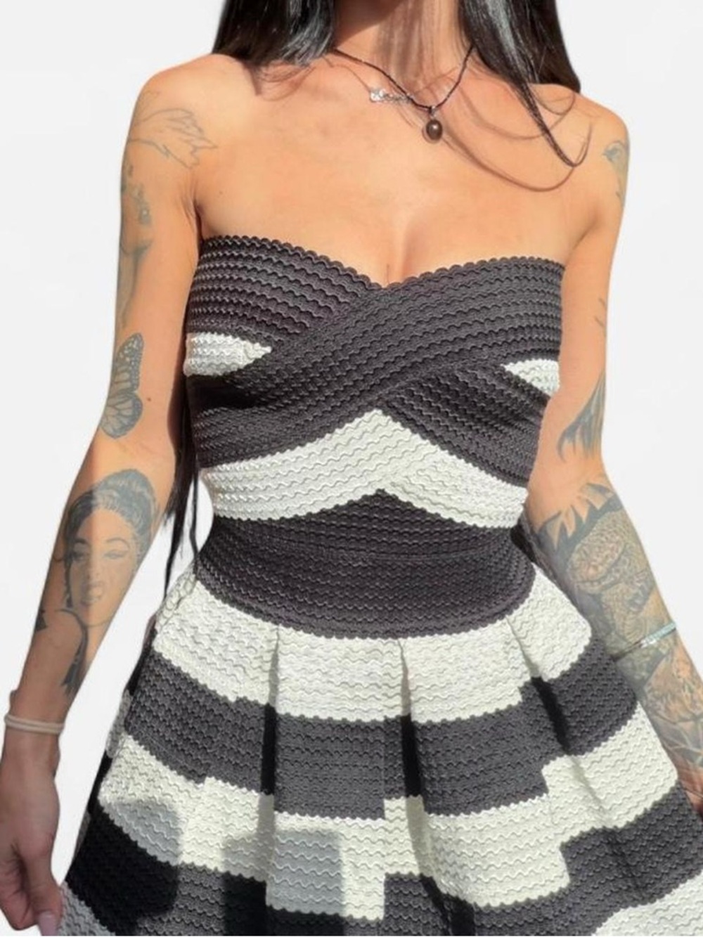 L'ATISTE Strapless Black and White Textured Fit-and-Flare Dress